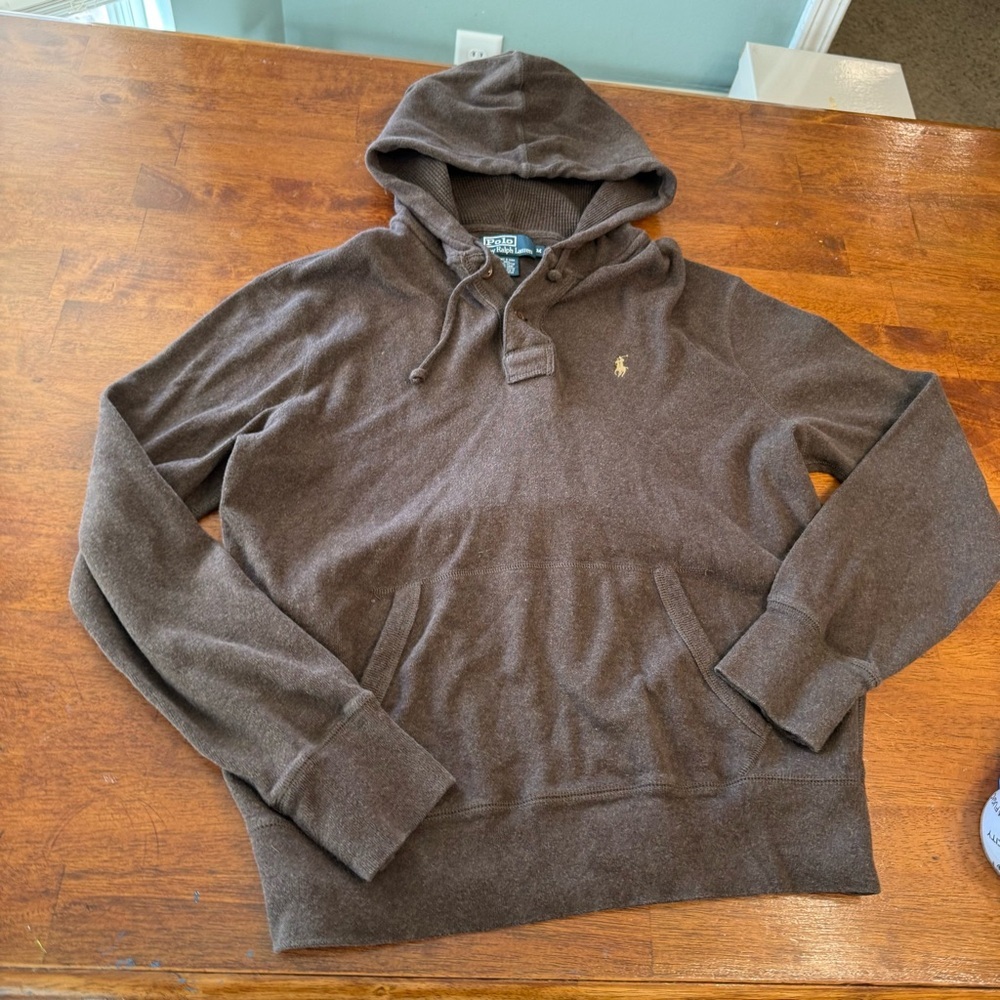 Polo Ralph Lauren Brown Henley Hoodie Button Collar Small Pony Fleece Mens Med